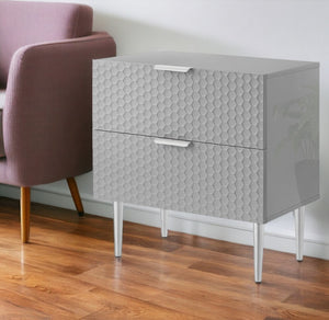 HomeRoots 24" Modern Silver Wood and Stainless Steel End Table with Two Drawers for Stylish Living Spaces Grey 551631