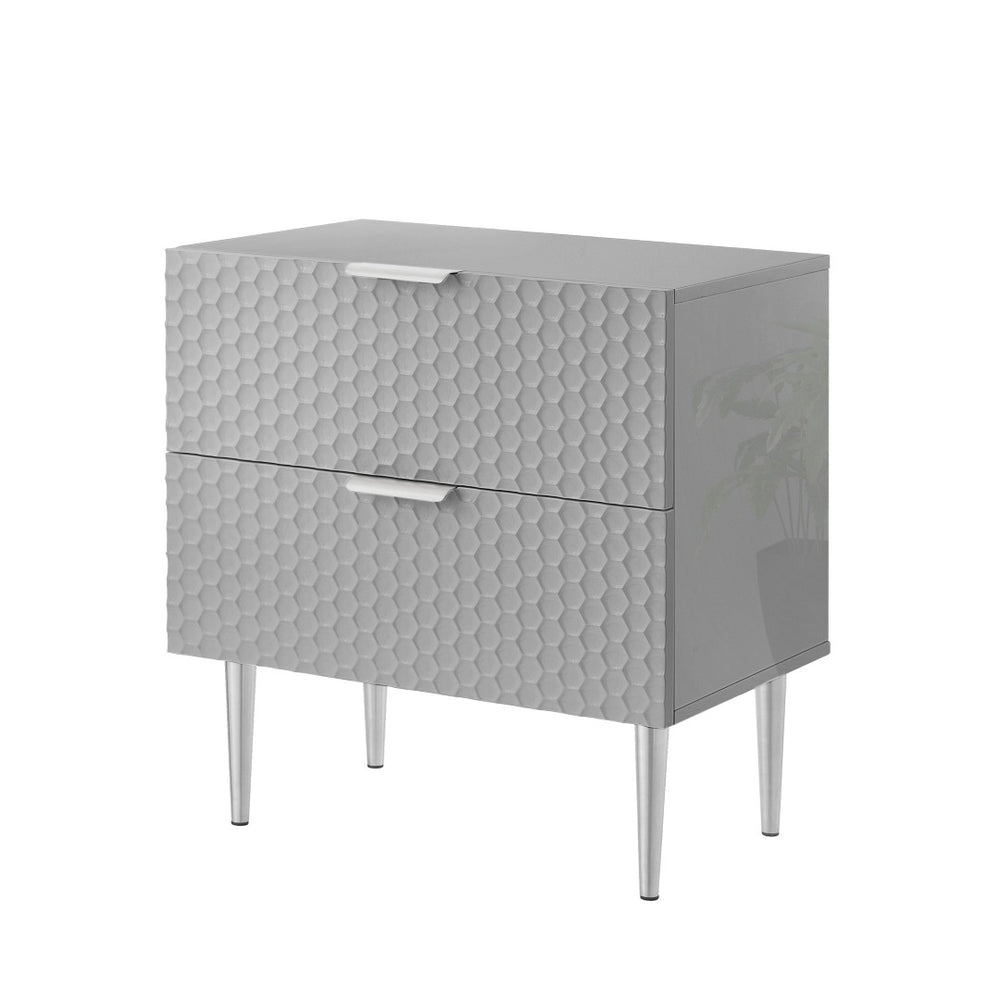 HomeRoots 24" Modern Silver Wood and Stainless Steel End Table with Two Drawers for Stylish Living Spaces Grey 551631