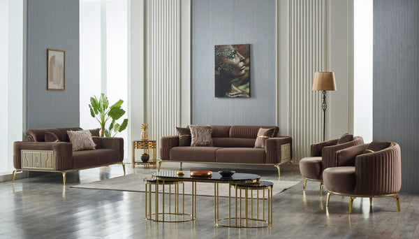 HomeRoots Four Piece Brown Linen Seating Set for 8 - Stylish Sleeper Sofa, Comfort & Versatile Design! 551640