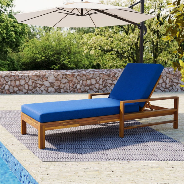 English Elm U_style Solid Acacia Slatted Reclining Lounge Chair for Poolside Patio Garden Use Natural+ Blue WY000433AAC