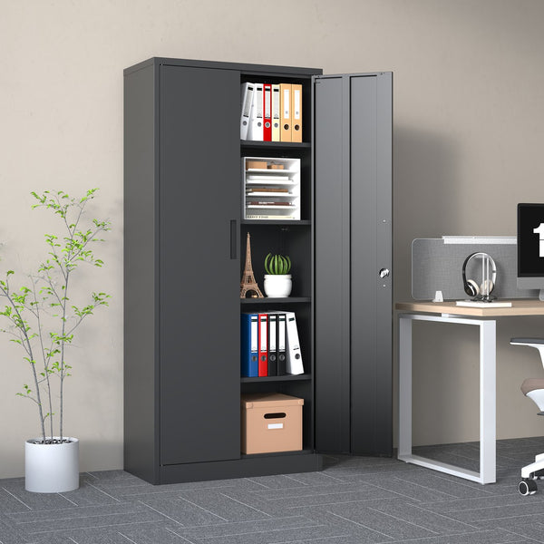 English Elm 72"H Metal Garage Storage Cabinet Black – Locking 3-Point Steel Cabinet with 4 Adjustable Shelves, Anti-Tip Safety T2398P152542