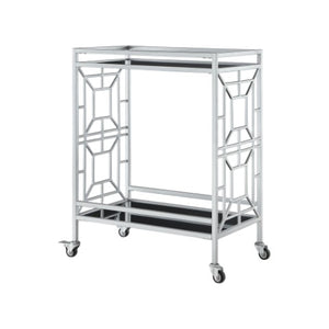 Homeroots 28" Stylish Silver And Black Metal Rolling Bar Cart With Glass Top - Modern Design For Entertaining   551669