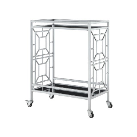 Homeroots 28" Stylish Silver And Black Metal Rolling Bar Cart With Glass Top - Modern Design For Entertaining   551669