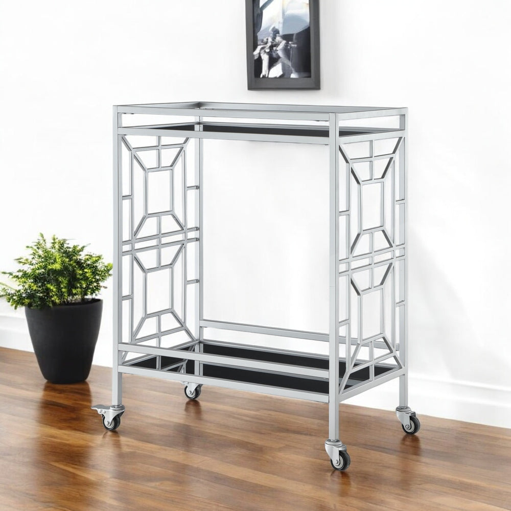 Homeroots 28" Stylish Silver And Black Metal Rolling Bar Cart With Glass Top - Modern Design For Entertaining   551669