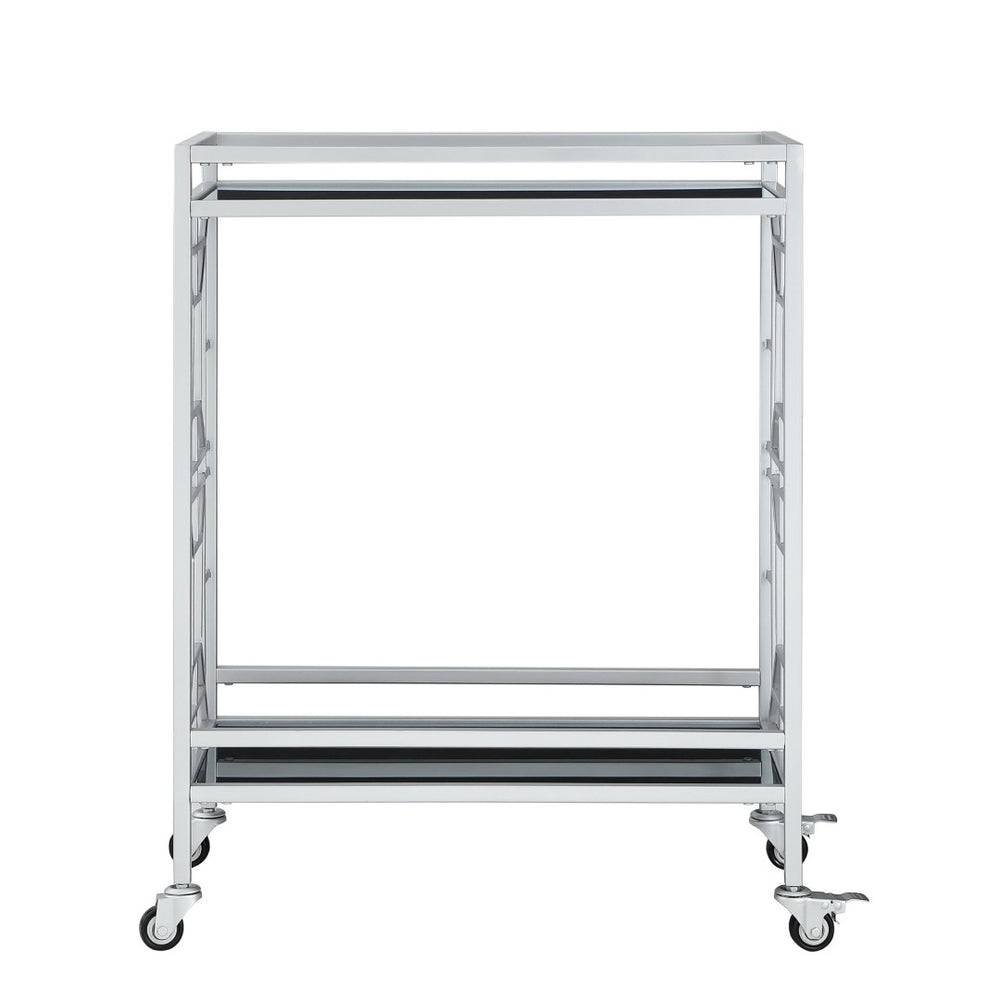 HomeRoots 28" Modern Silver and Black Metal Rolling Bar Cart with Glass Shelves – Stylish, Versatile & Mobile 551669
