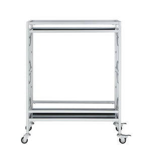 HomeRoots 28" Modern Silver and Black Metal Rolling Bar Cart with Glass Shelves – Stylish, Versatile & Mobile 551669
