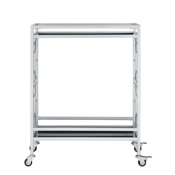 HomeRoots 28" Modern Silver and Black Metal Rolling Bar Cart with Glass Shelves – Stylish, Versatile & Mobile 551669