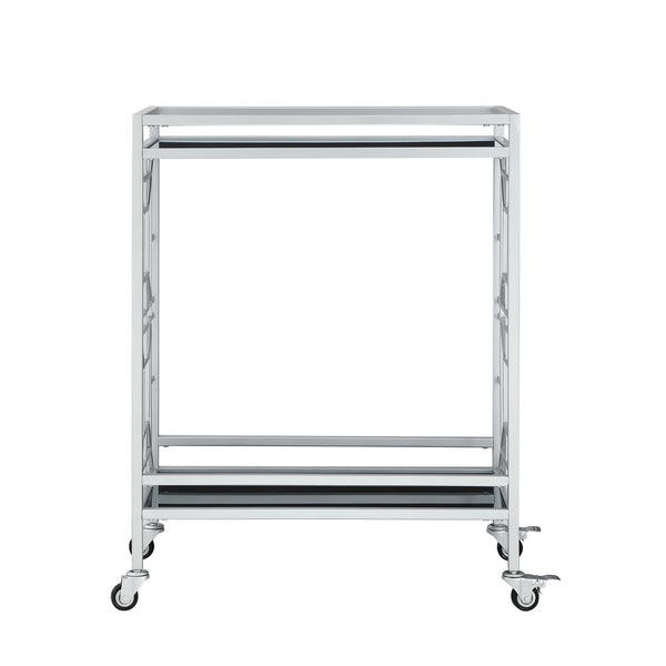 Homeroots 28" Stylish Silver And Black Metal Rolling Bar Cart With Glass Top - Modern Design For Entertaining   551669