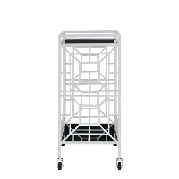 Homeroots 28" Stylish Silver And Black Metal Rolling Bar Cart With Glass Top - Modern Design For Entertaining   551669