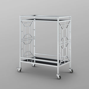 Homeroots 28" Stylish Silver And Black Metal Rolling Bar Cart With Glass Top - Modern Design For Entertaining   551669