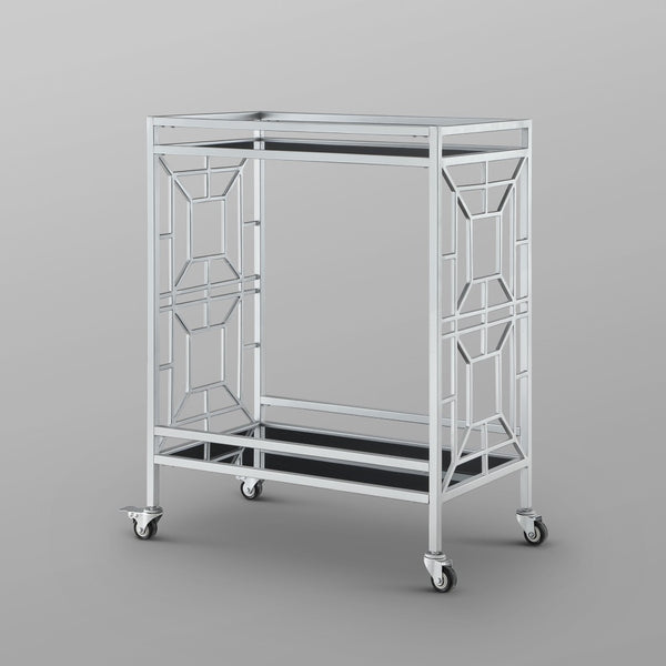 Homeroots 28" Stylish Silver And Black Metal Rolling Bar Cart With Glass Top - Modern Design For Entertaining   551669