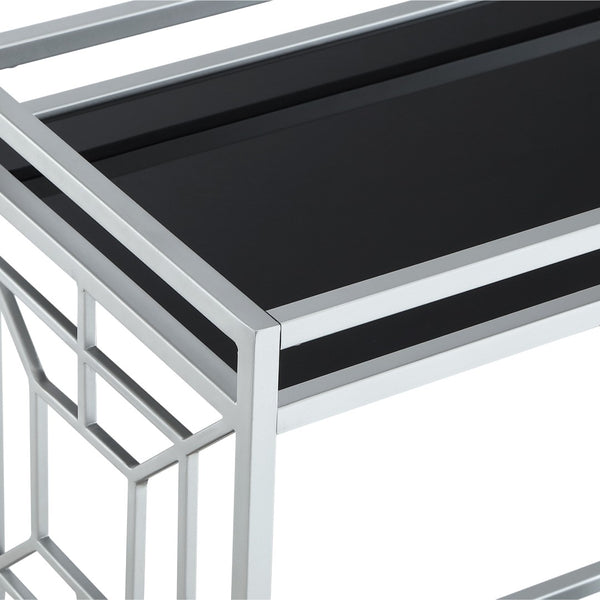Homeroots 28" Stylish Silver And Black Metal Rolling Bar Cart With Glass Top - Modern Design For Entertaining   551669