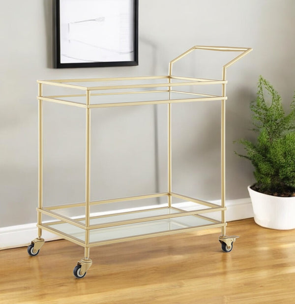 Homeroots 33" Gold And White Iron Glass Rolling Bar Cart - Stylish, Mobile Drinks Station For Elegant Entertaining   551672