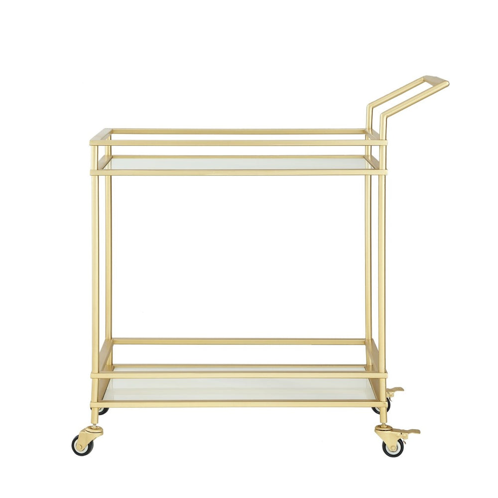 HomeRoots 33" Gold And White Rolling Bar Cart - Elegant Iron Frame with Glass Shelves for Stylish Entertaining 551672