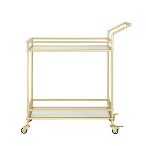 HomeRoots 33" Gold And White Rolling Bar Cart - Elegant Iron Frame with Glass Shelves for Stylish Entertaining 551672