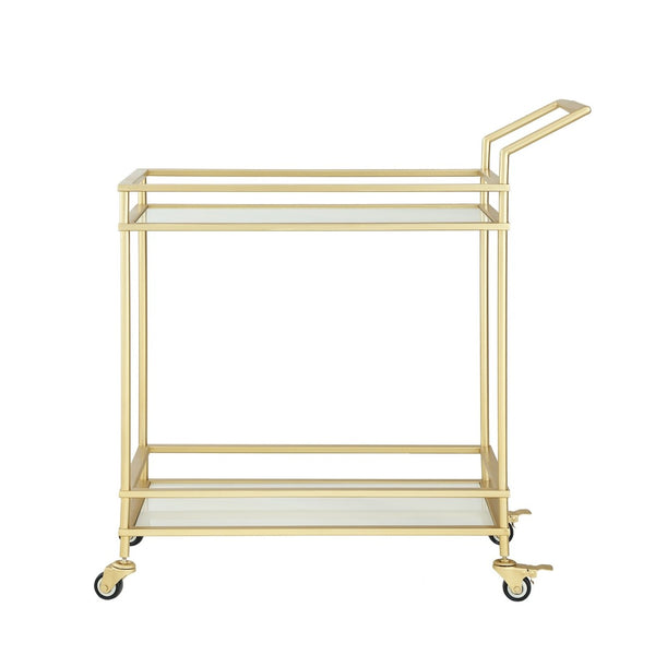 HomeRoots 33" Gold And White Rolling Bar Cart - Elegant Iron Frame with Glass Shelves for Stylish Entertaining 551672