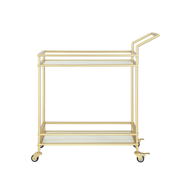 Homeroots 33" Gold And White Iron Glass Rolling Bar Cart - Stylish, Mobile Drinks Station For Elegant Entertaining   551672