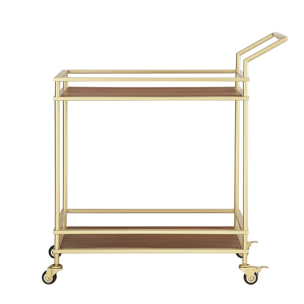 Homeroots 33" Elegant Gold And Brown Iron Wood Rolling Bar Cart – Stylish, Durable Design For Modern Entertaining!   551673
