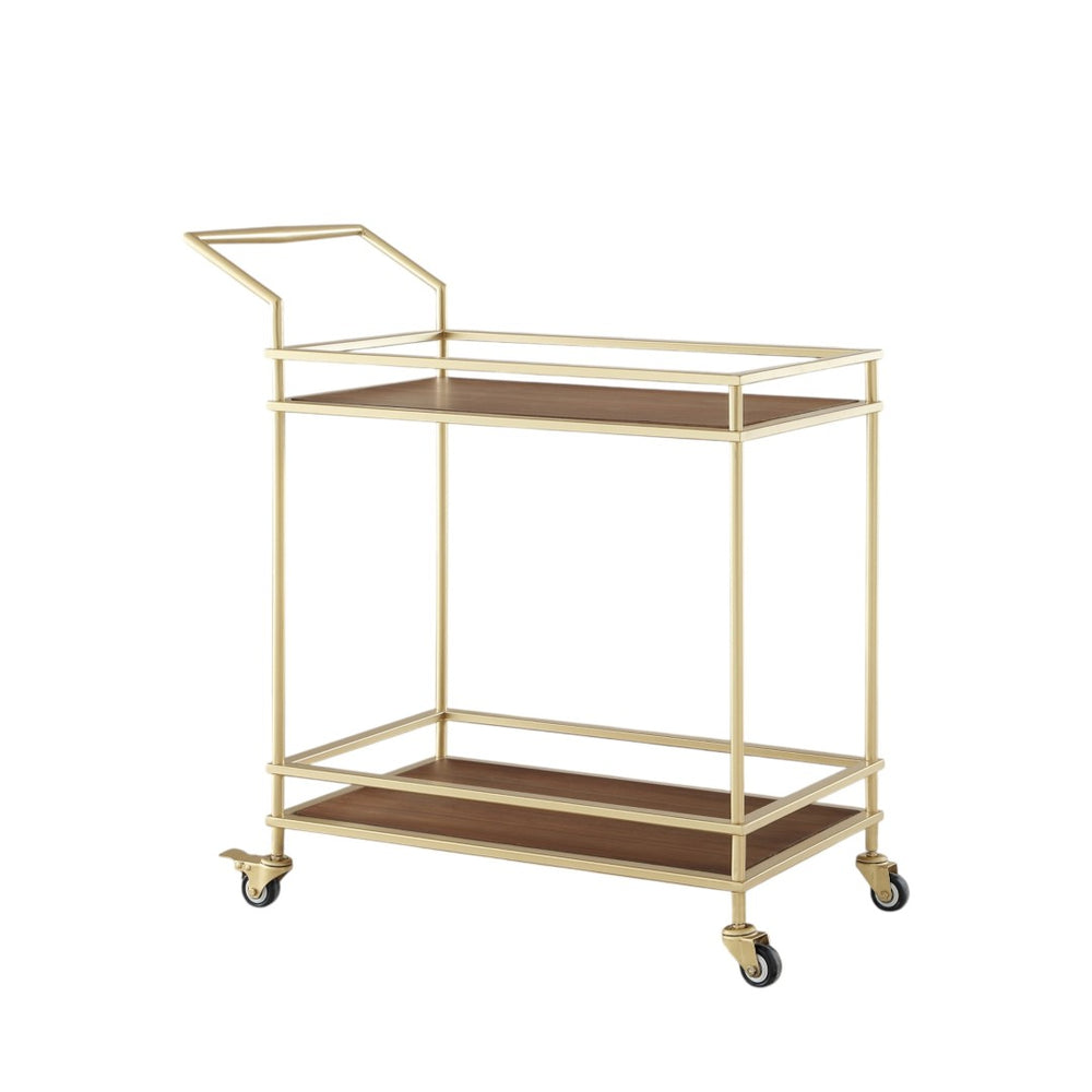 HomeRoots 33" Gold and Brown Rolling Bar Cart - Elegant Mobility, Stylish Storage, Perfect for Entertaining! 551673