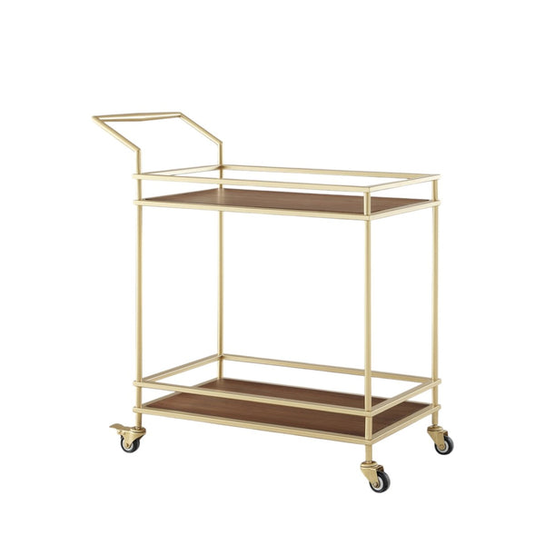 HomeRoots 33" Gold and Brown Rolling Bar Cart - Elegant Mobility, Stylish Storage, Perfect for Entertaining! 551673