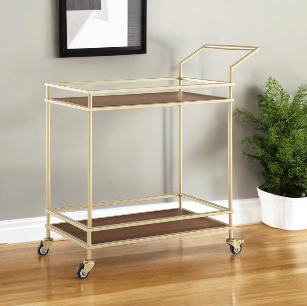Homeroots 33" Elegant Gold And Brown Iron Wood Rolling Bar Cart – Stylish, Durable Design For Modern Entertaining!   551673