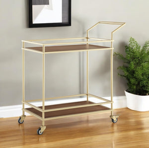 Homeroots 33" Elegant Gold And Brown Iron Wood Rolling Bar Cart – Stylish, Durable Design For Modern Entertaining!   551673