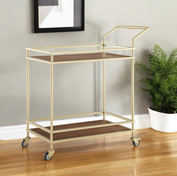 Homeroots 33" Elegant Gold And Brown Iron Wood Rolling Bar Cart – Stylish, Durable Design For Modern Entertaining!   551673