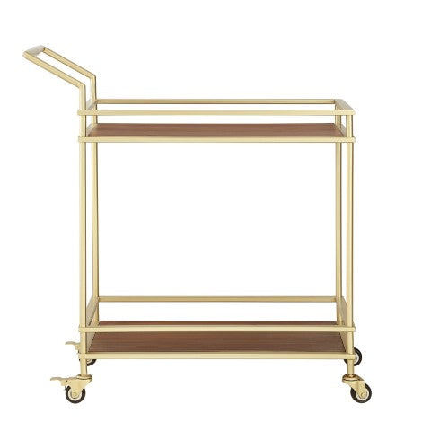 Homeroots 33" Elegant Gold And Brown Iron Wood Rolling Bar Cart – Stylish, Durable Design For Modern Entertaining!   551673