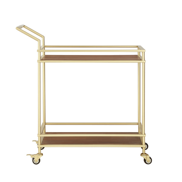 Homeroots 33" Elegant Gold And Brown Iron Wood Rolling Bar Cart – Stylish, Durable Design For Modern Entertaining!   551673