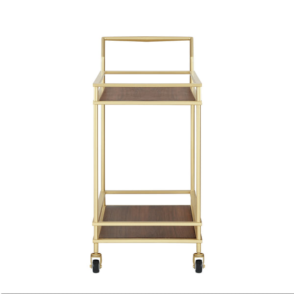 Homeroots 33" Elegant Gold And Brown Iron Wood Rolling Bar Cart – Stylish, Durable Design For Modern Entertaining!   551673