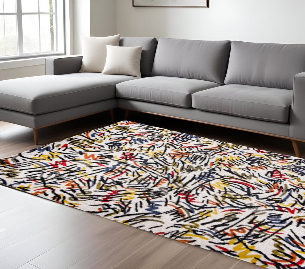 HomeRoots 8' X 11' White Abstract Non-Skid Area Rug - Stylish, Low-Profile Design Perfect for Modern Spaces! 551712