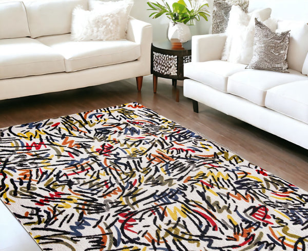 HomeRoots 9' X 13' White Abstract Non-Skid Area Rug - Modern Design for Living Rooms, Dining Spaces & More! 551713