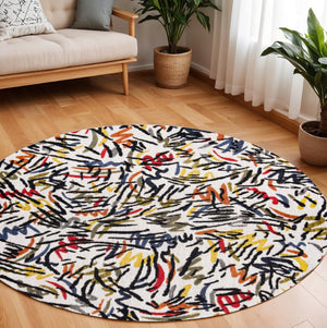 HomeRoots 8' White Round Abstract Area Rug - Modern Non-Skid Design for Living Rooms & Open Spaces, Soft & Stylish 551714