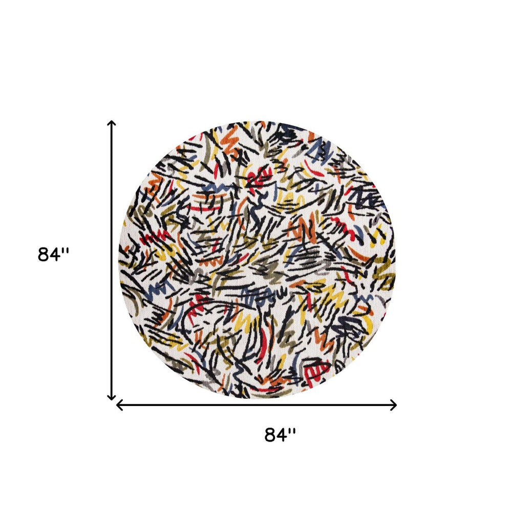HomeRoots 8' White Round Abstract Area Rug - Modern Non-Skid Design for Living Rooms & Open Spaces, Soft & Stylish 551714