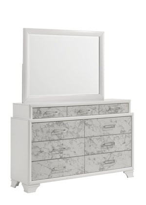 English Elm Soul Modern Full 5PC Bedroom Set in White with Marble Accents, LED Bed, USB-C, Bluetooth Sound System B009S01949