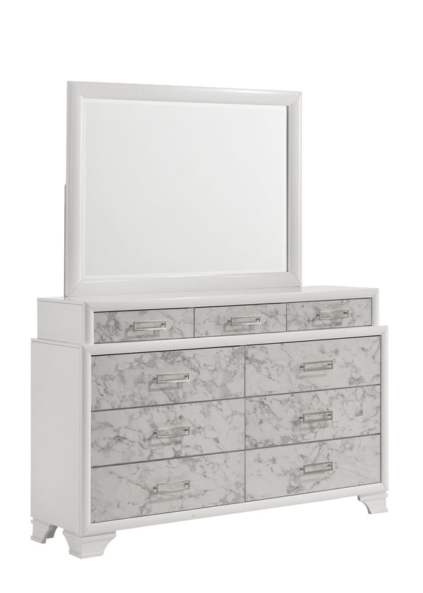English Elm Soul Modern Full 5PC Bedroom Set in White with Marble Accents, LED Bed, USB-C, Bluetooth Sound System B009S01949