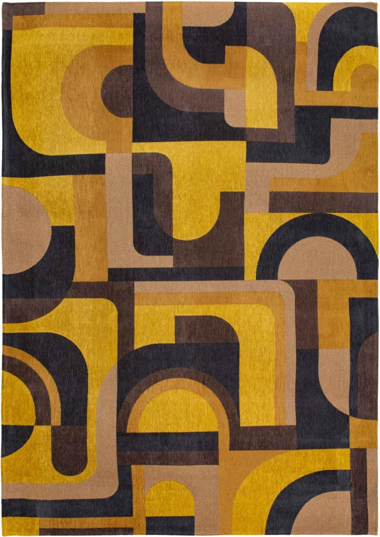 8 Foot Round Geometric Rug in Bold Yellow Black Machine Washable Pet Fiber