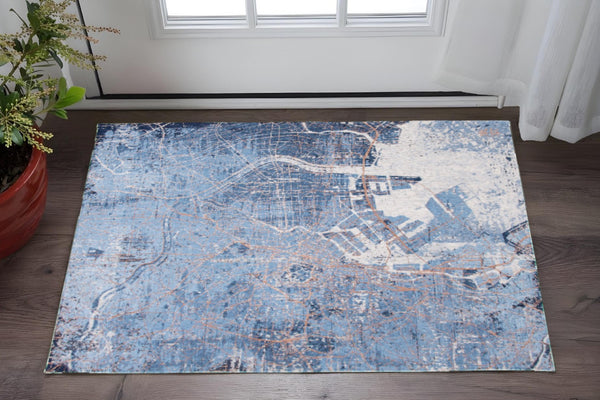 HomeRoots 3' Blue and Black Abstract Non-Skid Area Rug – Modern Design for High-Traffic Spaces, 3' x 5' 551751