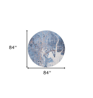 HomeRoots 8' Blue and Black Round Abstract Area Rug - Modern Non-Skid Design for Living Room & Dining Spaces 551757