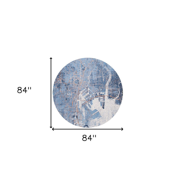 HomeRoots 8' Blue and Black Round Abstract Area Rug - Modern Non-Skid Design for Living Room & Dining Spaces 551757