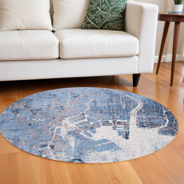 HomeRoots 8' Blue and Black Round Abstract Area Rug - Modern Non-Skid Design for Living Room & Dining Spaces 551757