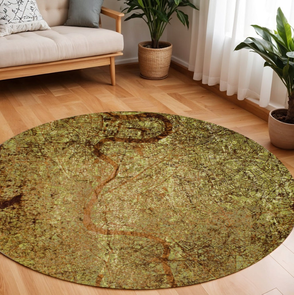 HomeRoots 8' Round Abstract Area Rug in Green and Brown - Modern Non-Skid Design for Living Spaces & Safety 551771