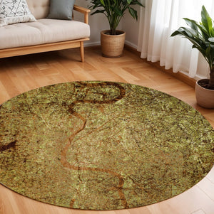HomeRoots 8' Round Abstract Area Rug in Green and Brown - Modern Non-Skid Design for Living Spaces & Safety 551771