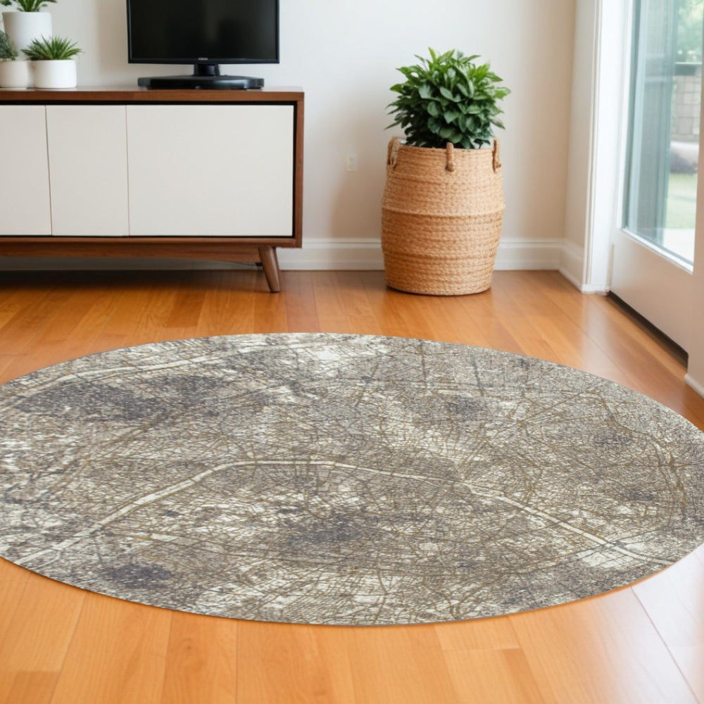 HomeRoots 8' Gray and White Round Abstract Area Rug – Modern Non-Skid Design for Stylish Living Spaces 551778