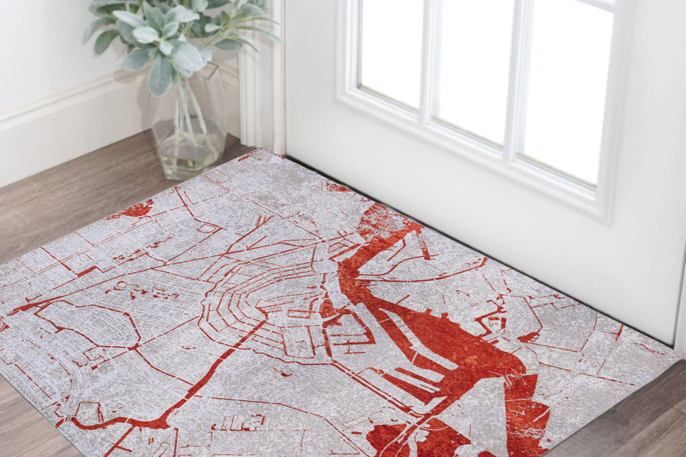 Homeroots 3' X 5' Red And White Abstract Non Skid Area Rug  100% Pet 551779
