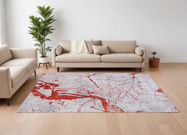 Homeroots 7' X 9' Red And White Abstract Non Skid Area Rug  100% Pet 551782