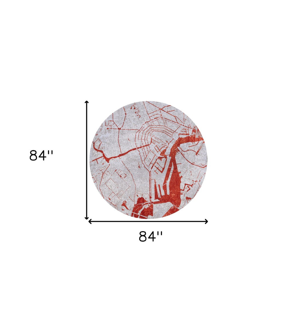 HomeRoots 8' Round Abstract Non-Skid Area Rug in Bold Red & White - Modern Geometric Design for Any Space 551785