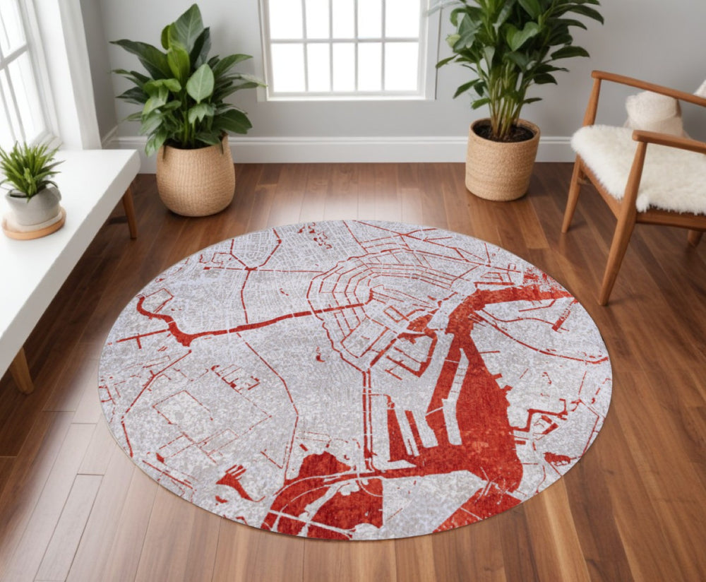 HomeRoots 8' Round Abstract Non-Skid Area Rug in Bold Red & White - Modern Geometric Design for Any Space 551785