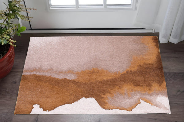 HomeRoots 3' X 5' Yellow and Brown Abstract Non-Skid Area Rug - Stylish, Durable Design for High-Traffic Spaces 551786