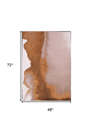 HomeRoots 5' Modern Yellow and Brown Abstract Non-Skid Area Rug - Stylish, Safe, and Easy to Maintain for Any Space 551787